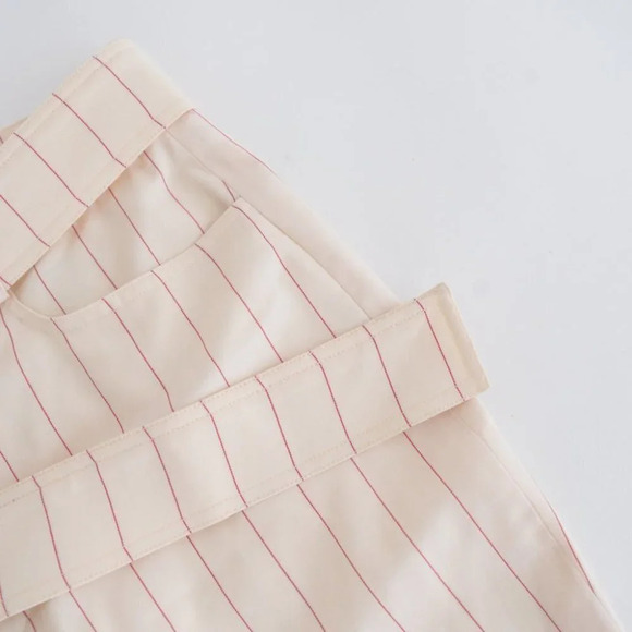 Orseund Iris Cream w Red Pinstripe Wide Leg Mid-Rise Crop Dress Pants Trousers 6 - Picture 10 of 14